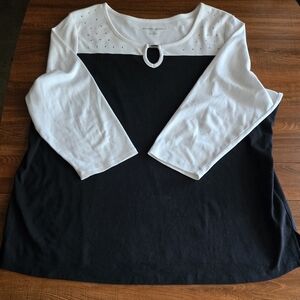 Allison Daley 3/4 Sleeve Black And White Silver Embellished  Key Hole Shirt 2X